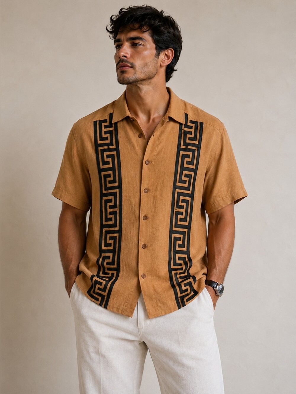 Gold & Brown Short-Sleeve Dress Shirt with Geometric Trim -
